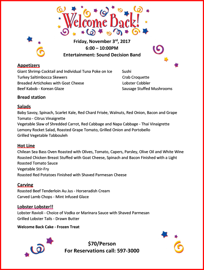 Welcome Back Dinner - Friday, November 3 from 6 to 10 p.m.